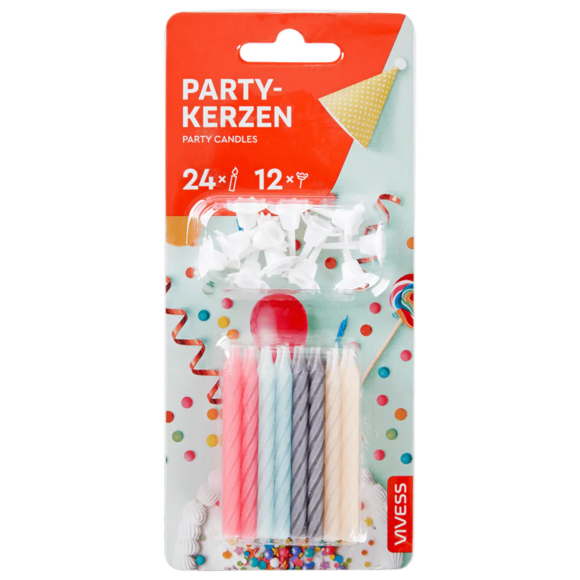 Vivess Partykerzen 24 Stück + 12 Halter - 4388860642254