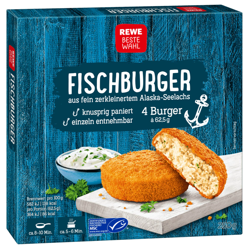 REWE Beste Wahl Fischburger Alaska-Seelachs 4x62,5g, 250g - 4388860675870