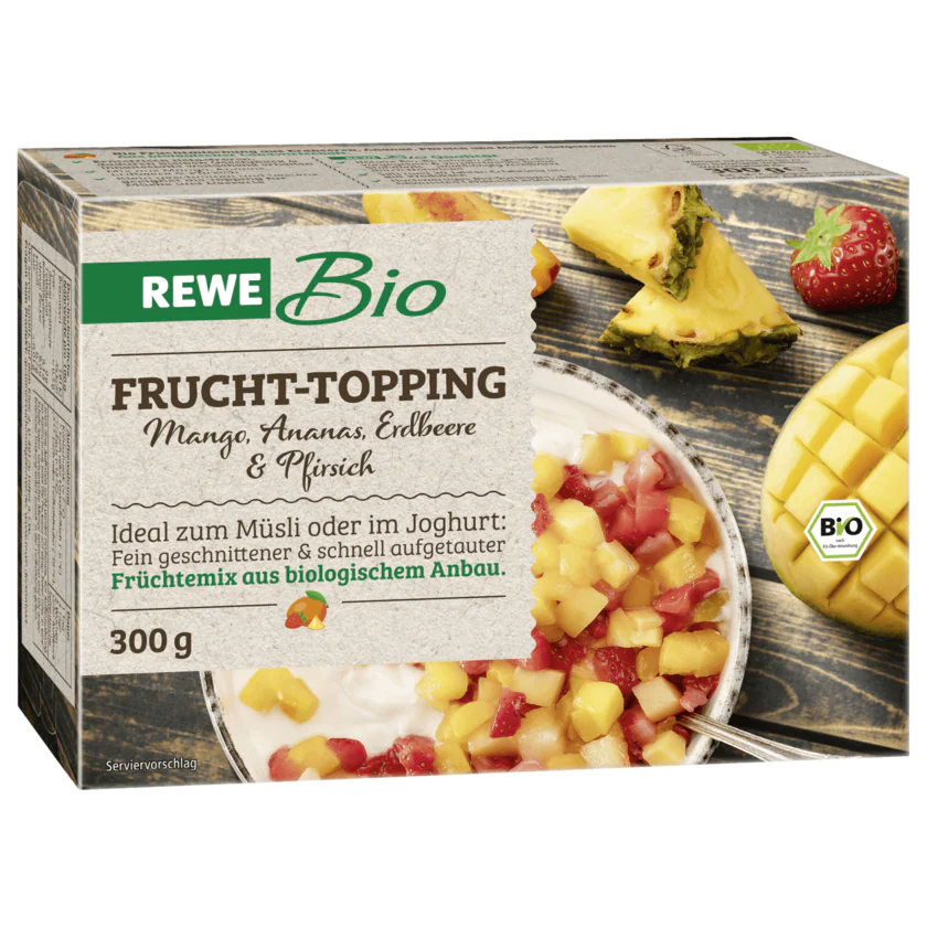 REWE Bio Frucht-Topping Mango Ananas Erdbeere & Pfirsich 300g - 4388860734010