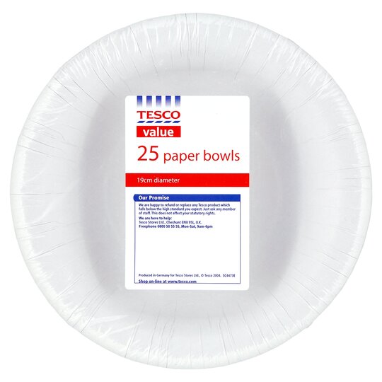 Tesco Paper Bowls White 16Cm 25Pk - 5000462940758