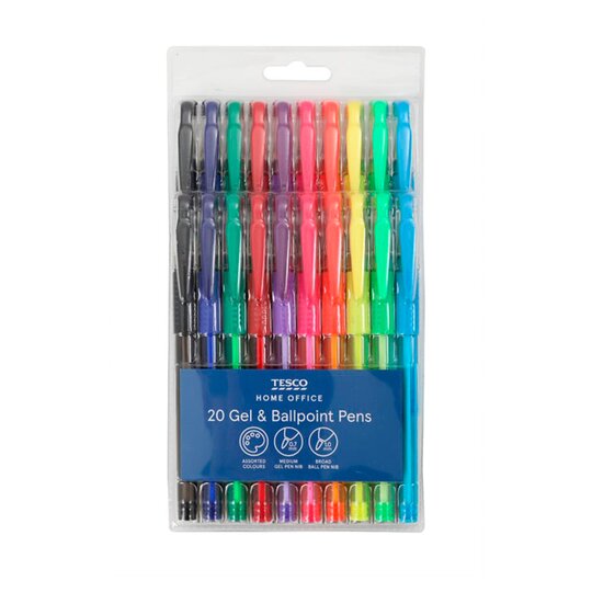 Tesco Coloured Gel & Ballpoint Penset 20 Pk- Bulk Tray - 5051008744965