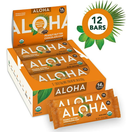 ALOHA Organic Plant Based Protein Bars Peanut Butter Chocolate Chip 12 Count, 1.9oz Bars Vegan, Low Sugar, Gluten Free, Paleo, Low Carb, Non-GMO, Stevia Free, Soy Free, No Sugar Alcohols - 589535150164