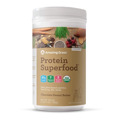 Amazing Grass Protein Superfood: Organic Vegan Protein Powder, Plant Based Meal Replacement Shake with 2 servings of Fruits and Veggies, Chocolate Peanut Butter Flavor, 18 Servings, 27.9 Ounce - 592446989570