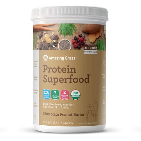 Amazing Grass Protein Superfood: Organic Vegan Protein Powder, Plant Based Meal Replacement Shake with 2 servings of Fruits and Veggies, Chocolate Peanut Butter Flavor, 10 Servings, 15.5 Ounce - 594804825834