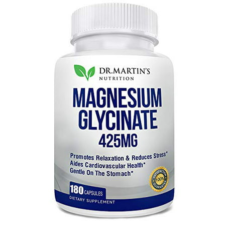 Premium Magnesium Glycinate 425mg - 180 Vegan Capsules - Helps with Stress Relief, Sleep, Muscle Cramps & Healthy Heart Non-GMO, Gluten Free - 601557998149