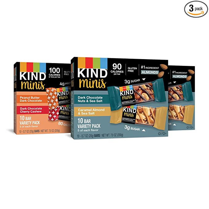  KIND Bar Mini's, Variety Pack, Gluten Free, 100 Calories, Low Sugar, .7oz Bar, 30 Count  - 602652261480