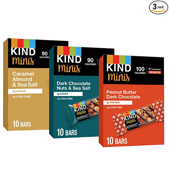 KIND Bar Minis, Variety Pack, Dark Chocolate Nuts, Caramel Almond Sea Salt, Peanut Butter Dark Chocolate, Gluten Free, Low Sugar, 0.7 oz, 30 Count - 602652280399