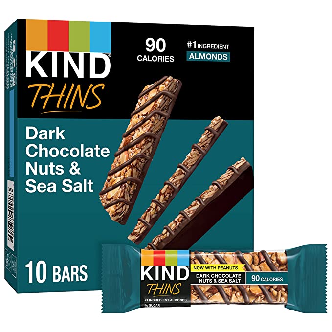 KIND THINS Dark Chocolate Nuts & Sea Salt Bars (Now with Peanuts), Gluten Free, 4g Sugar, 0.74 oz bars, 10 count - 602652429583