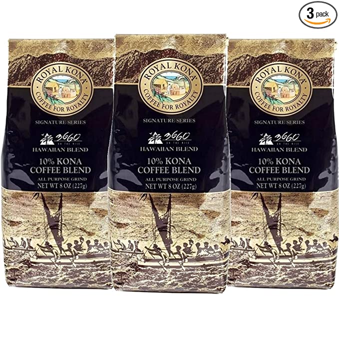 Royal Kona 10% Kona Coffee Blend, Russell Siu's 3660 on the Rise, Ground, 8 Ounce Bag (Pack of Three) - 604866001210