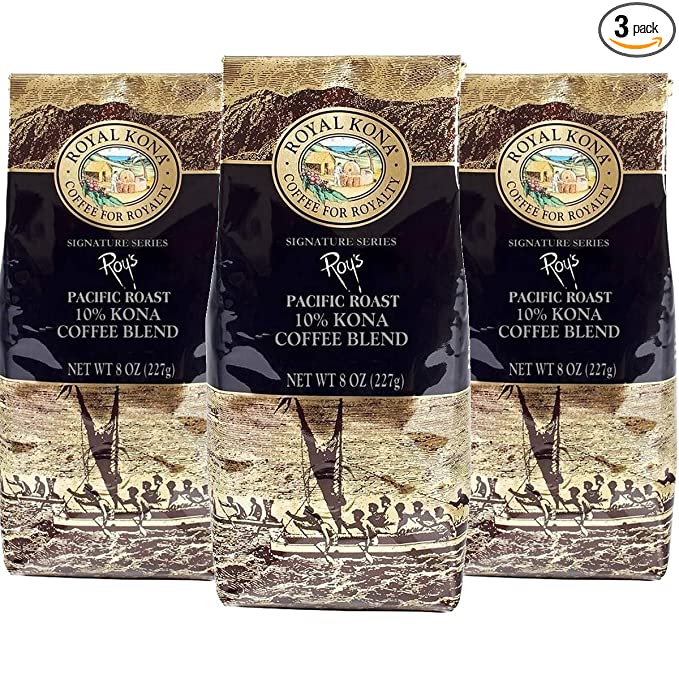 Royal Kona 10% Kona Coffee Blend, Roy's Pacific Roast, Ground, 8 Ounce Bag (Pack of Three) - 604866001357