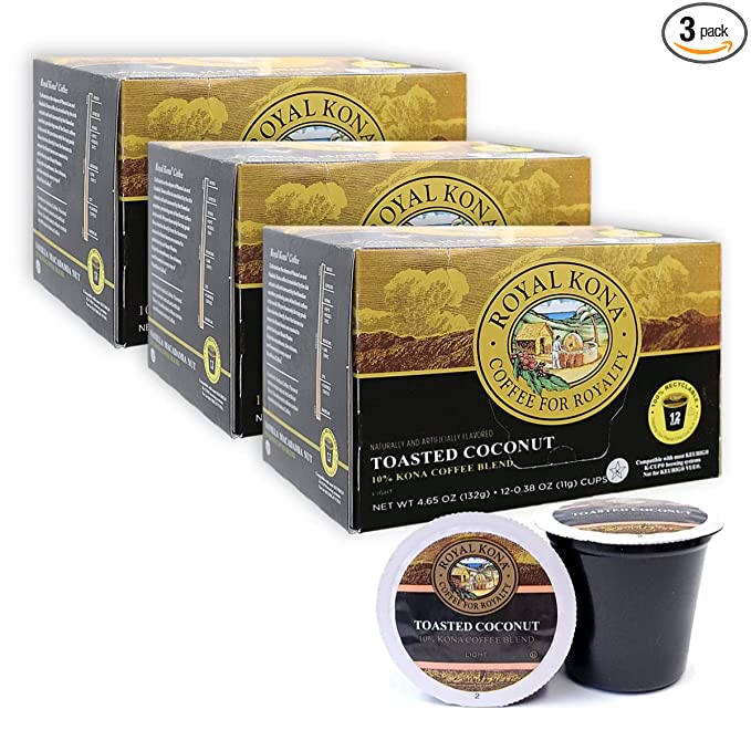 Royal Kona Coffee Toasted Coconut, 10% Kona Blend, Single-Serve Coffee Pods - 12 Count Box (Pack of Three) - 604866256528