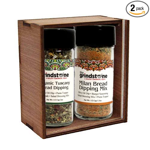  The Grindstone, Tuscany & Milan Bread Dipping Seasoning, Wooden Gift Box, Olive Oil Dipper, Hand Blended Spices, Glass Bottle with Sifter, Combo Pack  - 608631033222