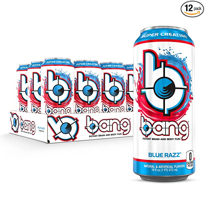  Bang Blue Razz Energy Drink, 0 Calories, Sugar Free with Super Creatine, 16 Fl Oz (Pack of 12) (Packaging May Vary) - 610764863645