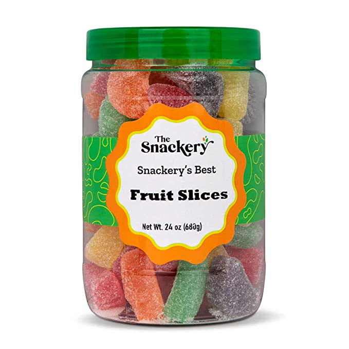  The Snackery, Fruit Slices Candy in Round Plastic Jar, 1.5 Lbs Assorted Fruit Slice Candy Wedges Candy, Reusable Jar with Green Lid  - 611190813006