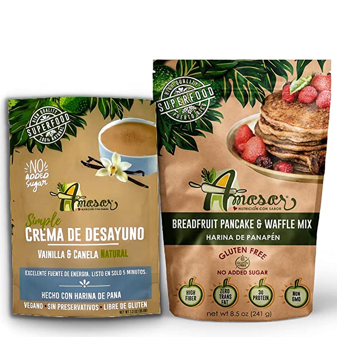 Amasar Breadfruit Pancake & Waffle Mix, 8.5oz (Gluten Free, Non GMO, Vegan & Keto Friendly) with Panapen Cream Single Pouch 1.2oz (Breakfast Cream, Vanilla & Cinamon, No Sugar Added). - 612520752583
