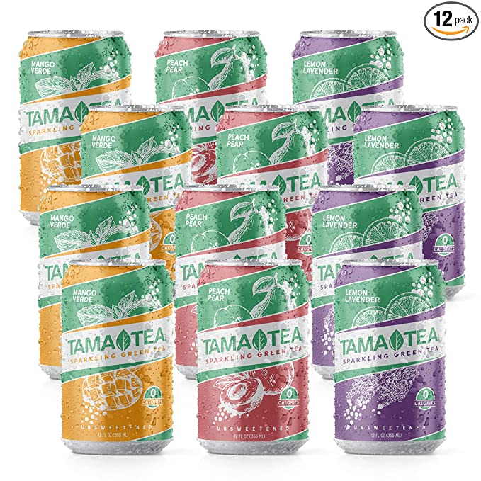  Tama Tea Sparkling Green Tea, 3 Flavor Variety Pack, Made with Real Fruit & Herbs, 12 Fl Oz Cans, Pack of 12 Green Tea Cans  - 615517322752