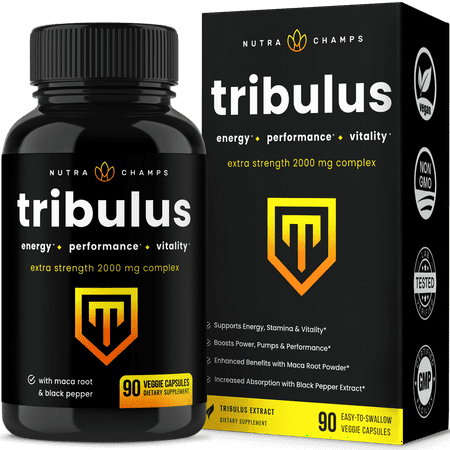 NutraChamps Tribulus Terrestris 2000mg Supplement | Extra Strength Saponins + Enhanced Absorption with Maca Powder & Black Pepper Extract | Tribulus Terrestris for Men & Women | 90 Vegan Capsules - 621983990166