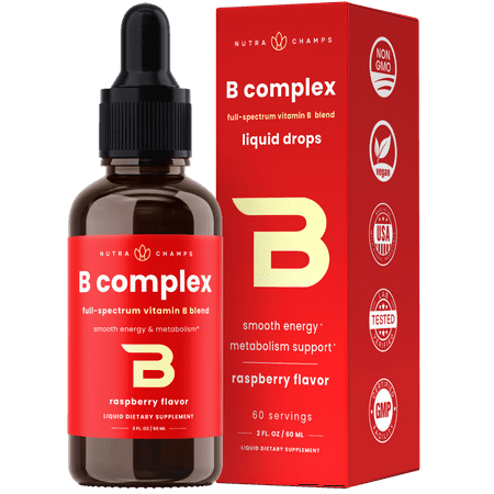 NutraChamps Vitamin B Complex Liquid Drops | B Vitamins Complex Supplement with B1 B2 B3 B6 B7 B9 & Methyl B12 Drops for Adults & Kids | Vegan Berry Flavor 2oz | 60 Servings / 2 Month Supply - 621983990258