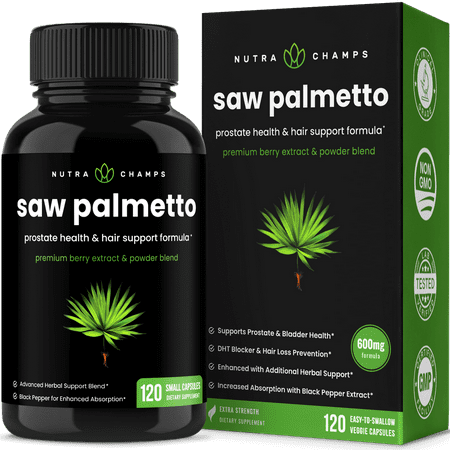 NutraChamps Saw Palmetto Supplement for Prostate Health 600mg Complex with Extract Berry Powder & Herbs - Supports Healthy Urination Frequency DHT Blocker & Hair Loss Prevention - 120 Capsules - 621983990272