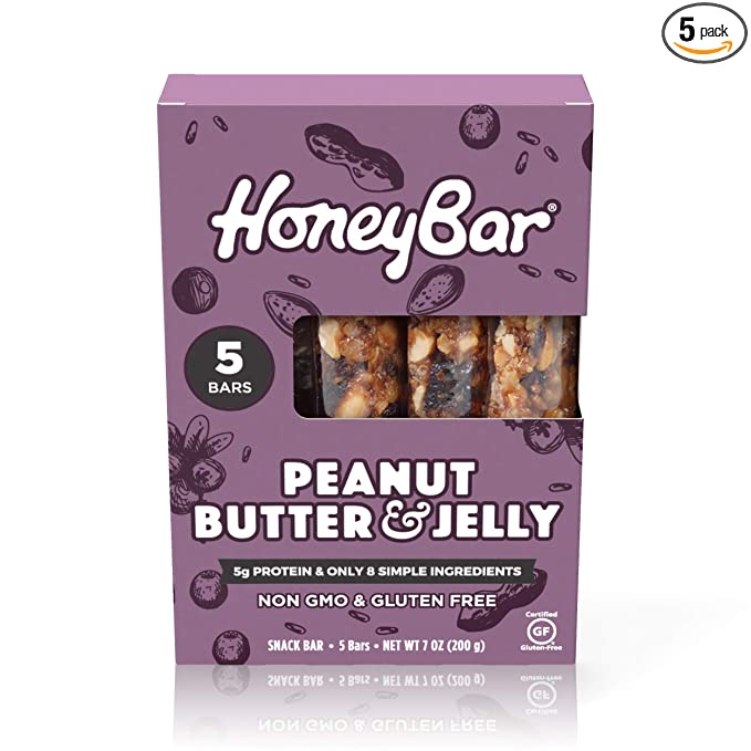  HoneyBar Snack Bar, Peanut Butter & Jelly, Gluten-Free, Non-GMO, Vegetarian, 1.4 oz bar, 5 count  - 623612571692