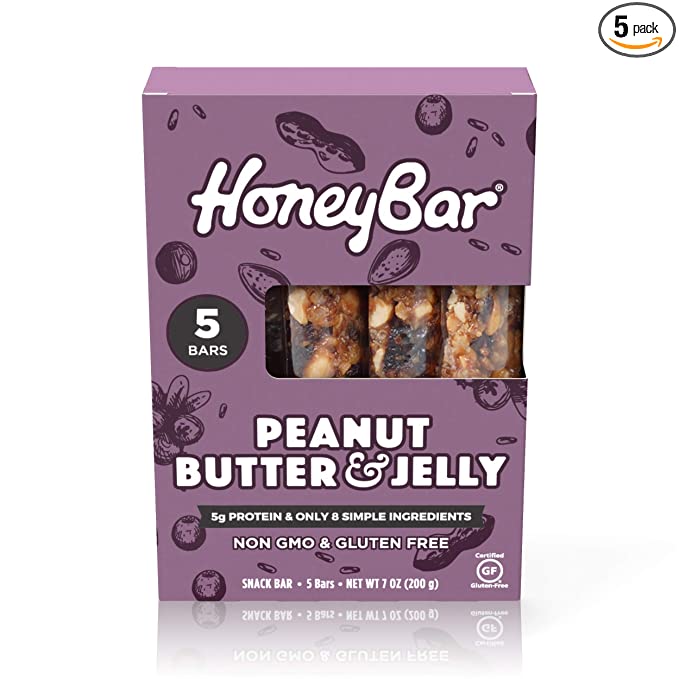 HoneyBar Snack Bar, Peanut Butter & Jelly, Gluten-Free, Non-GMO, Vegetarian, 1.4 oz bar, 5 count - 623612571692