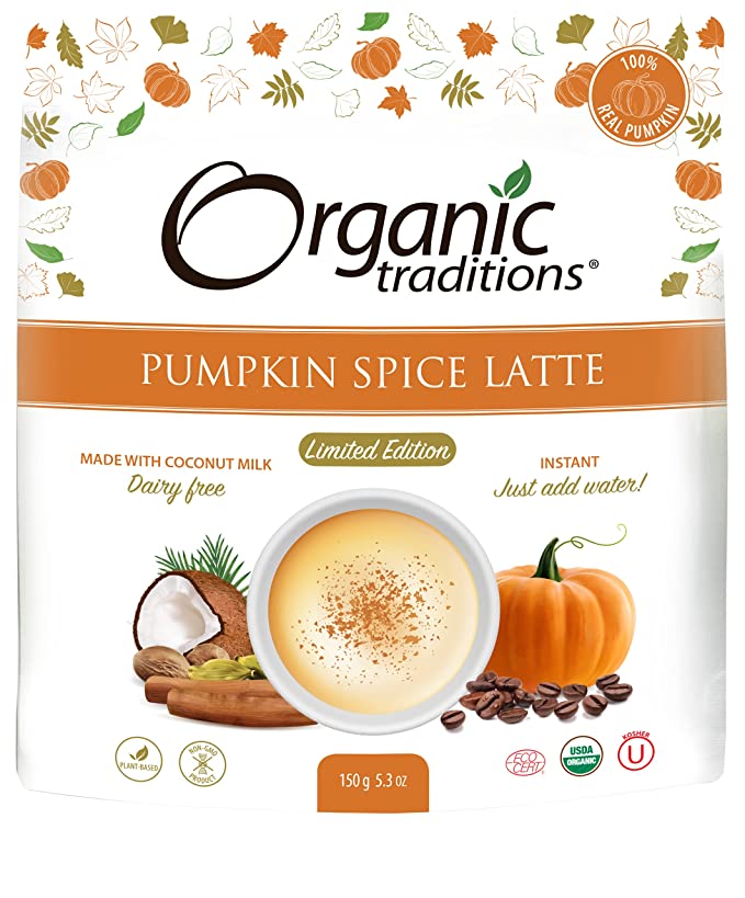  Organic Traditions Pumpkin Spice Latte - 5.3oz - organic drink mix - 100% real pumpkin, instant coffee, cinnamon, nutmeg, ginger, clove, cardamom and allspice - dairy free  - 627733001823