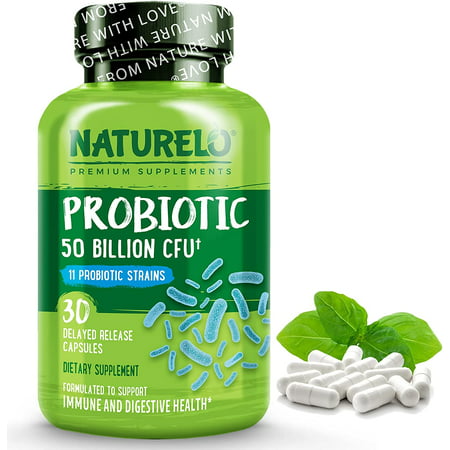 NATURELO Probiotic Supplement - 50 Billion CFU - 11 Strains - One Daily - Helps Support Digestive & Immune Health - Delayed Release - No Refrigeration Needed - 30 Vegan Capsules - 628110628152