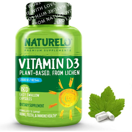 NATURELO Vitamin D3 - 2500 IU - Plant Based from Lichen - Natural Vegan D3 Supplement for Immune System Bone Support Joint Health - Non-GMO - Gluten Free - 180 Mini Capsules - 628110628282