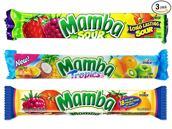  Set of 3 Mamba Long-Lasting Vegan-Friendly Chewy Taffy Candy! - Features Three Themes Including Sour, Fruity, and Tropical! - 2.65oz Per Bar - 18 Individually Wrapped Taffy Candies Per Bar!  - 630194023679
