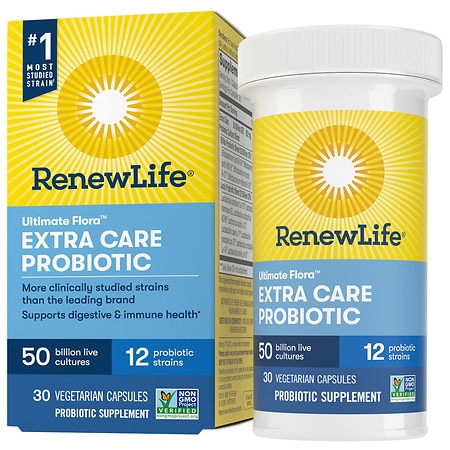 Renew Life Adult Probiotics 50 Billion CFU Guaranteed, 12 Strains, For Men & Women, Shelf Stable, Gluten Dairy & Soy Free, 30 Capsules, Ultimate Flora Extra Care- 60 Day Money Back Guarantee (B000CMKC5Y) - 631257121066