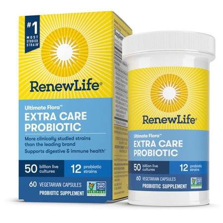 Renew Life Adult Probiotics 50 Billion CFU Guaranteed, 12 Strains, For Men & Women, Shelf Stable, Gluten Dairy & Soy Free, 60 Capsules, Ultimate Flora Extra Care (B001LIW11Q) - 631257121080