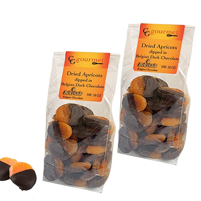  Gift Bags of Dried Apricots dipped in Belgian DARK Chocolate, 2-PACK 10 OZ each  - 631390882268