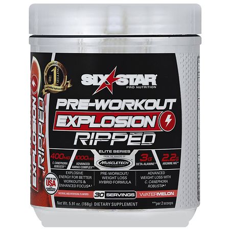 Pre Workout + Weight Loss | Six Star PreWorkout Explosion Ripped | Pre Workout Powder for Men & Women | PreWorkout Energy Powder Drink Mix | Sports Nutrition Pre-Workout Products, Watermelon, 30 Serv (B01LZRV1CS) - 631656710991