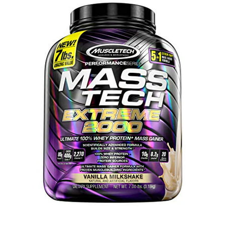 MuscleTech Mass-Tech Extreme 2000 Whey Protein Powder Max-Protein Mass Gainer + Creatine Monohydrate for Muscle Size & Strength 80g of Protein, 10g of Creatine, 17.8g of BCAAs Vanilla, 7 Pounds - 631656712292