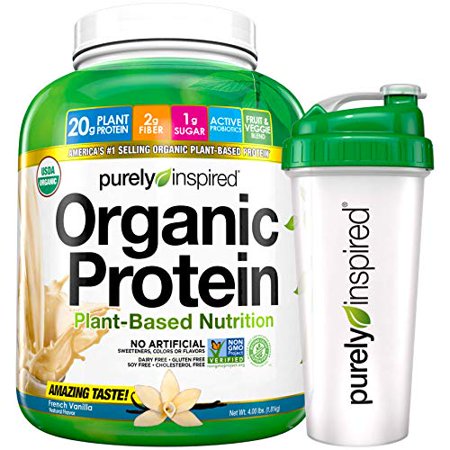 Purely Inspired Organic Protein Powder + Shaker Bottle, 20g of Plant-Based Protein for Women and Men, Probiotic, Vegan Friendly Shake, Non-GMO, Gluten Free, Dairy Free, Vanilla, 4 Pounds (47 Servings) - 631656713114