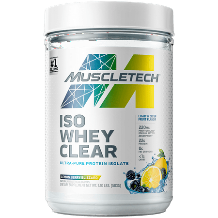 Whey Protein Powder | MuscleTech Clear Whey Protein Isolate | Whey Isolate Protein Powder for Women & Men | Clear Protein Drink | 22g of Protein, 90 Calories | Lemon Berry Blizzard, 1.1lb(19 Servings) (B082DMKC2V) - 631656714821