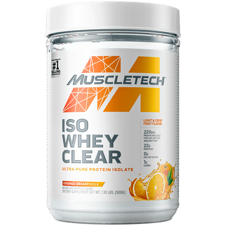 Whey Protein Powder | MuscleTech Clear Whey Protein Isolate | Whey Isolate Protein Powder for Women & Men | Clear Protein Drink | 22g of Protein, 90 Calories | Orange Dreamsicle, 1.1lb (19 Servings) (B082DNGKMM) - 631656714845