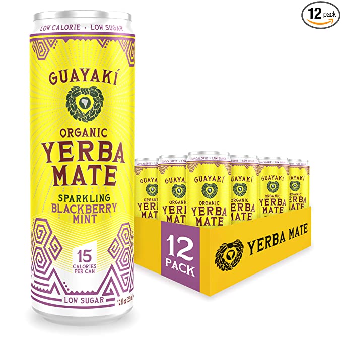  Guayaki Yerba Mate, Sparkling Clean Energy Drink Alternative, Organic Blackberry Mint, 12oz Cans (Pack of 12), Low Sugar with 15 Calories Per Can, 80mg Caffeine  - 632432333458