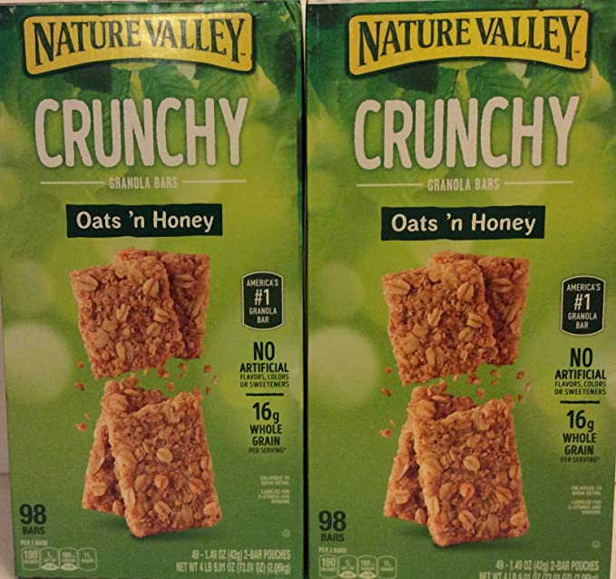 Nature Valley ( 2 PACK BOX Super Saver ) Crunchy Granola Bars Oats 'N Honey - 98 bars In Each Box 2 Bar Pouches of 49ct- 1.49oz - 633632008252