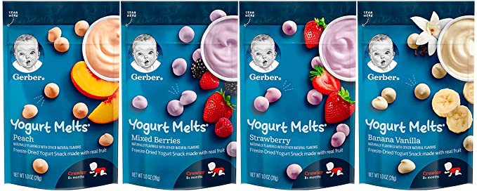  Gerber Yogurt Melts Variety Pack, 1 Peach, 1 Mixed Berries, 1 Strawberry, 1 Banana Vanilla, 1.0 oz Each (4 CT)  - 634304773522