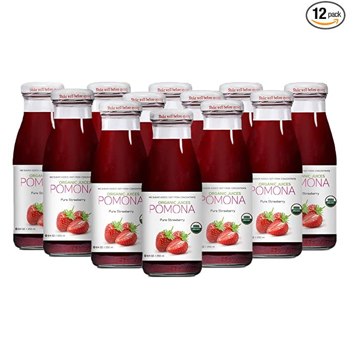  Pomona Organic Strawberry Juice (Pack of 12), Cold Pressed USDA Organic Juices with 100% Strawberries, No Added Sugar, Not From Concentrate, Vegan, Kosher, Non GMO, Pasteurized, 8.4 oz Glass Bottles  - 636601399023
