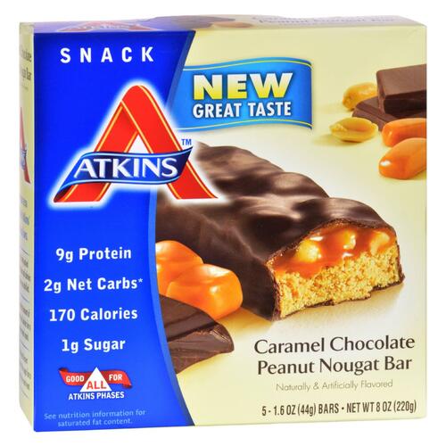 ATKINS: Snack Bar Caramel Chocolate Peanut Nougat (5×1.6oz bars), 8 oz - 0637480035026