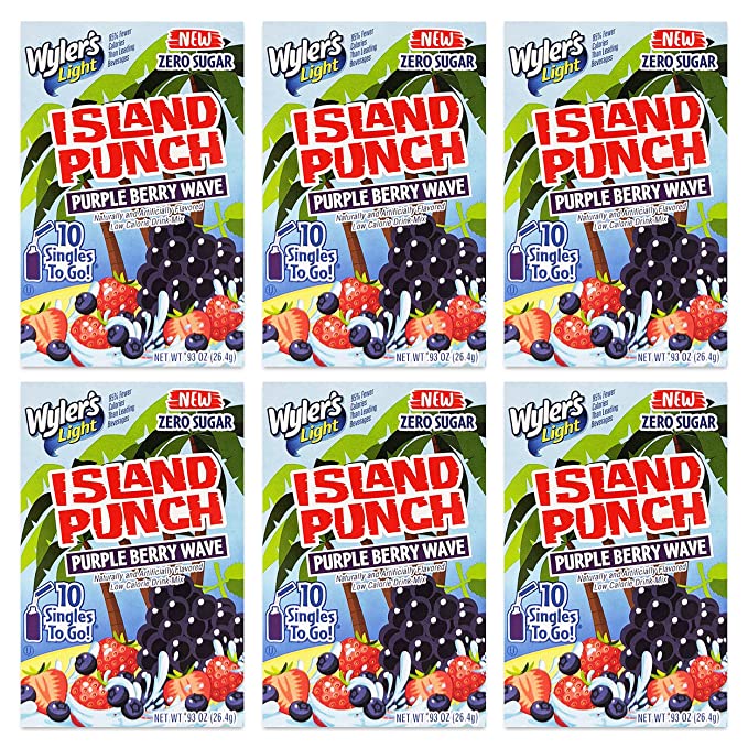 Wyler's Light Island Punch Purple Berry Wave Bulk 6 Pack ~ 60 Individual Wyler's Island Punch Drink Mix Singles To Go | Wyler's Purple Berry Wave Punch (Tropical Punch Mix Powder) - 637740039450