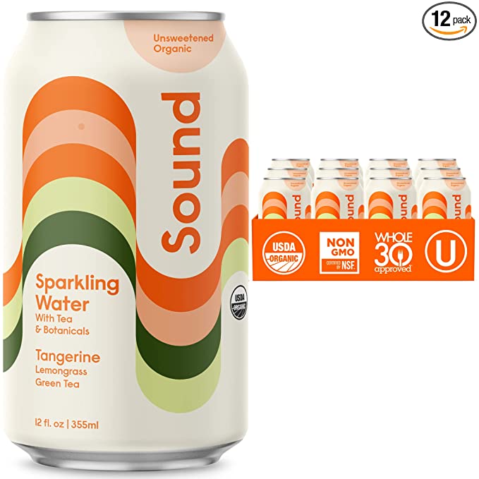 Sound Sparkling Water - Tangerine w/ Lemongrass & Green Tea. Organic. Zero Calories. Zero Sugar. Non-GMO. Whole30. Clean Caffeinated Seltzer Water. 12 Fl oz (Pack of 12) - 642709055815