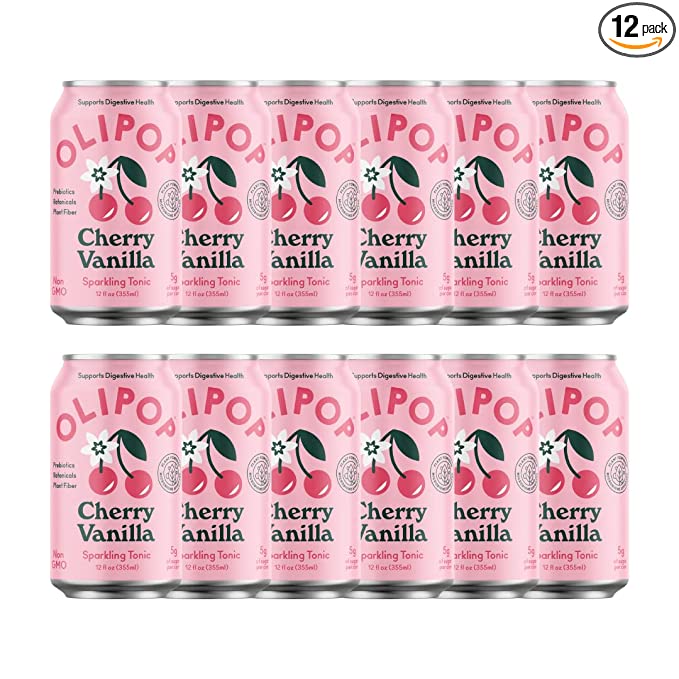 OLIPOP - Cherry Vanilla Sparkling Tonic, Healthy Soda, Prebiotic Soft Drink, Aids Digestive Health, Contains Prebiotics & 9g of Plant Fiber, Caffeine Free, Low Calorie, Low Sugar (12 oz, 12-Pack) - 642709073055