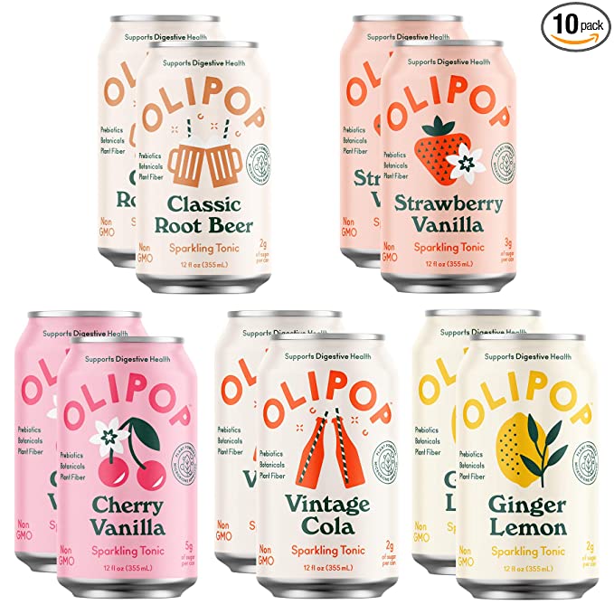 OLIPOP - 5-Flavor Soda Variety Pack, Healthy Soda Sampler, Prebiotic Soft Drinks, Supports Digestive Health & Gut Health, 9g of Dietary Plant Fiber, Low Calorie, Low Sugar, Vegan (12 oz, 10-Pack) - 642709073109