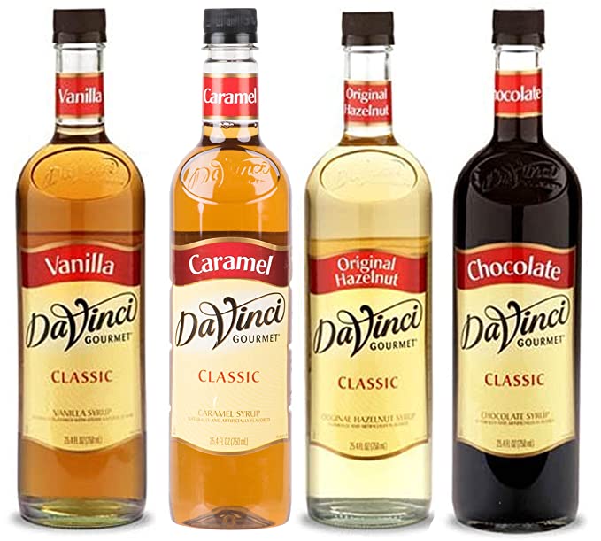 Da Vinci Syrup Variety 4 Pack of Vanilla, Caramel, Hazelnut, and Chocolate 750mL each (25.4 FL Oz) - 644216034215