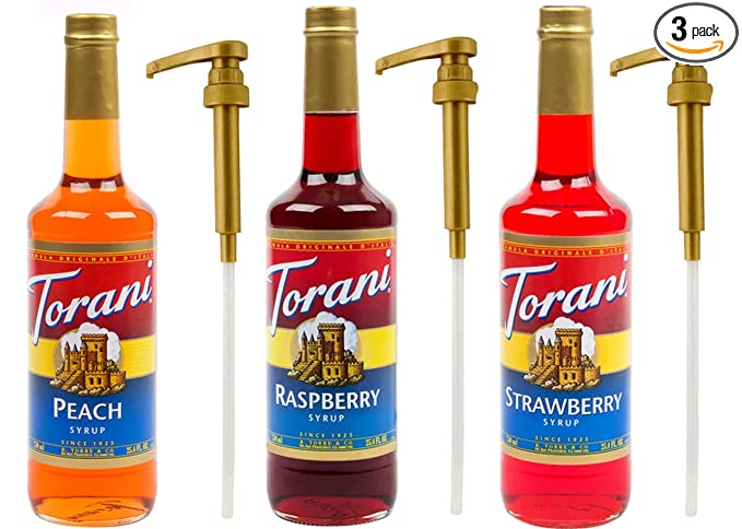  Torani Syrup Raspberry, Strawberry and Peach 25.4 Ounce (3 pack) Plus 3 Torani Syrup Pumps for Torani 25.4 Ounce Bottles  - 644216838011