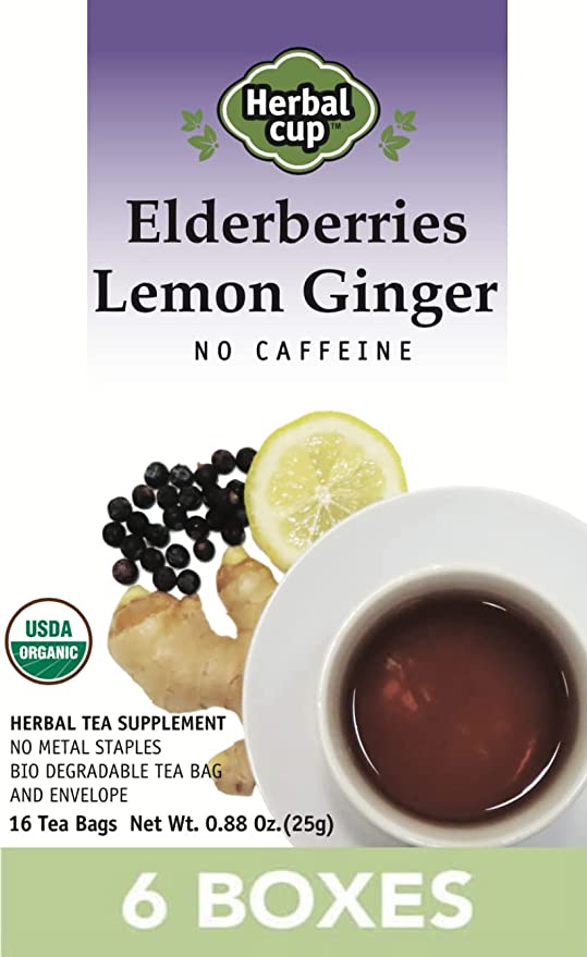 HERBAL CUP ELDERBERRIES LEMON GINGER TEA - 6 Pack, 96 Tea Bags Total ORGANIC - 644925483359