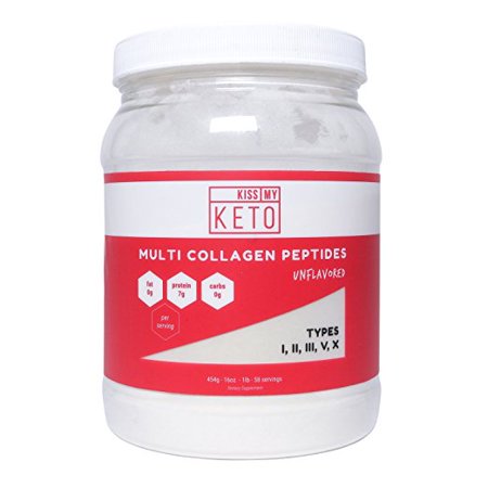 Kiss My Keto Multi Collagen - 16 oz Type I, II, III, V, X Complete Hydrolyzed Collagen Powder Supplement, High-Quality Blend of Grass Fed Beef, Chicken, Wild Fish and Eggshell Collagens - 646223550481